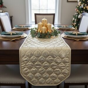 Gold Quilted Table Runner Metallic Lattice Pattern Mid-Century Glam Decor